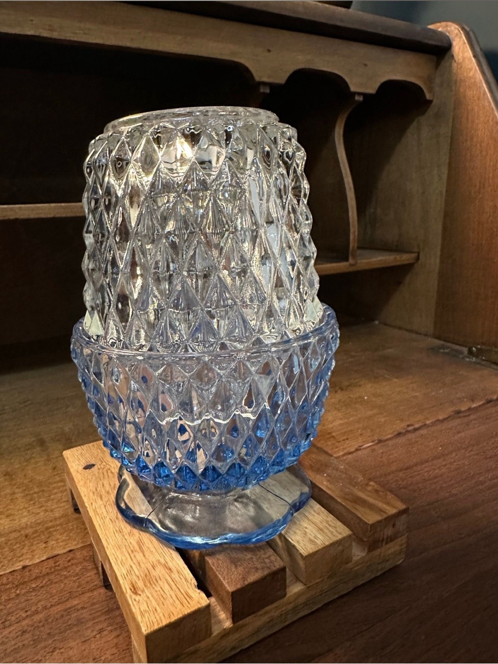 Indiana Glass Two-Tone Diamond-Cut Fairy Lamp in Clear and Light Blue